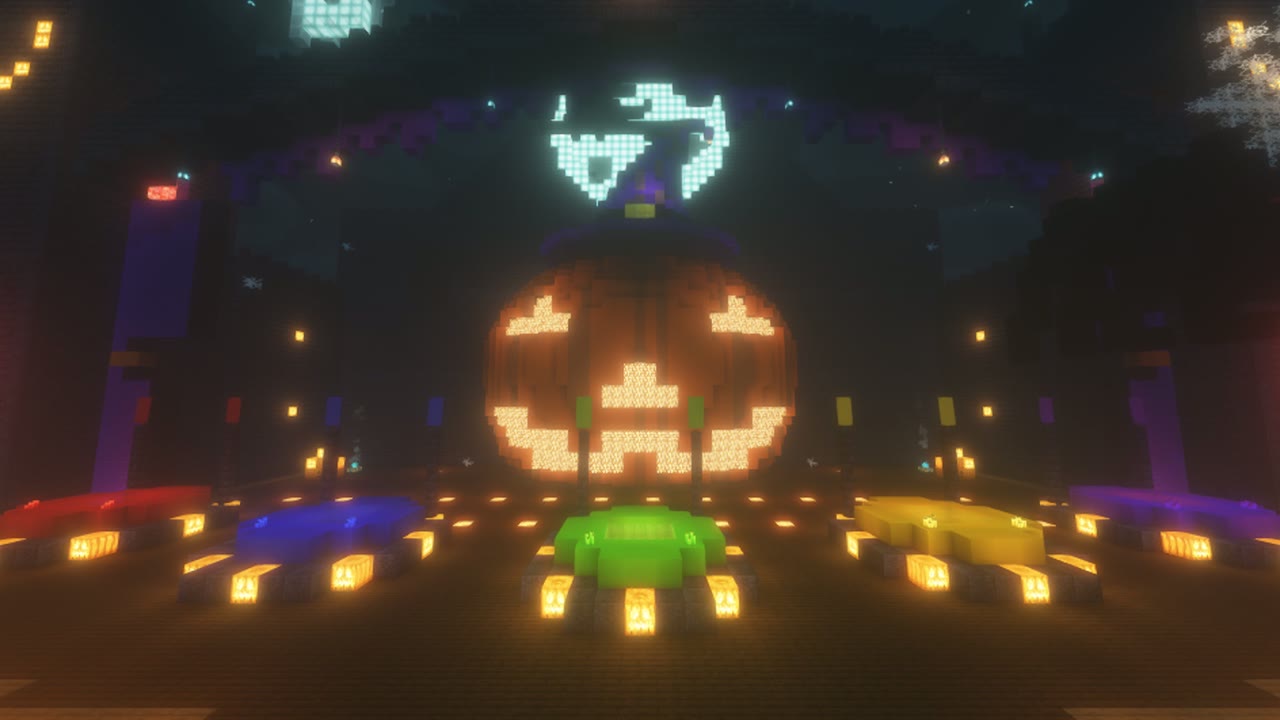 Halloween Event Stage: a giant glowing jack-o'-lantern behind five team podiums