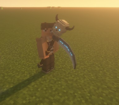 Skull Scythe: a player holding a horned skull scythe with a glowing blue blade