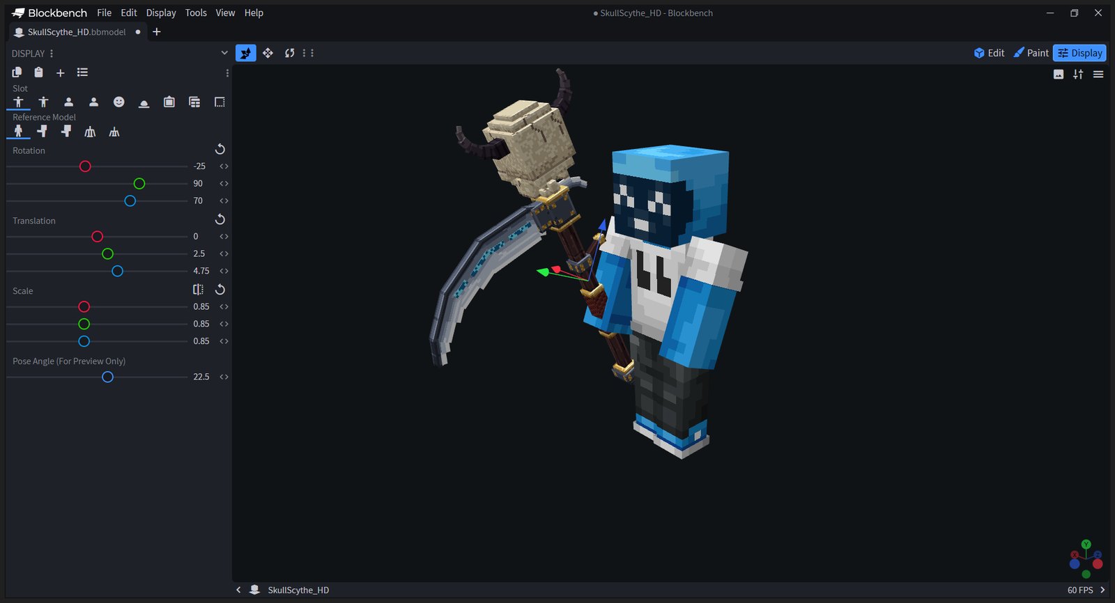 The HD Skull Scythe held by a player in third person